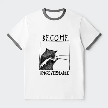 Tokyo-Tiger Cat Biting Arm Contrast Trim T-Shirt