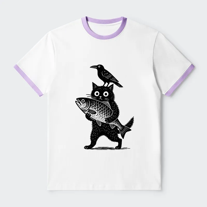 Tokyo-Tiger Black Animals Funny Contrast Trim T-Shirt