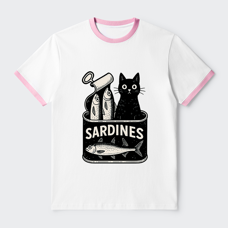 Tokyo-Tiger Cat And Canned Fish Contrast Trim T-Shirt