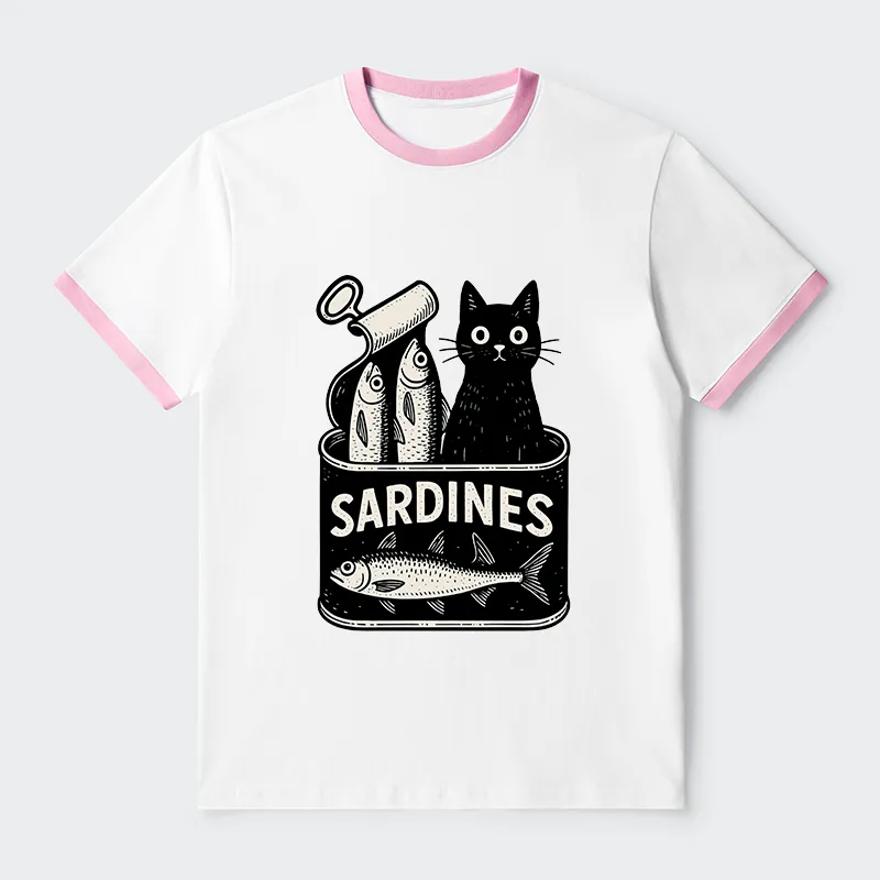 Tokyo-Tiger Cat And Canned Fish Contrast Trim T-Shirt