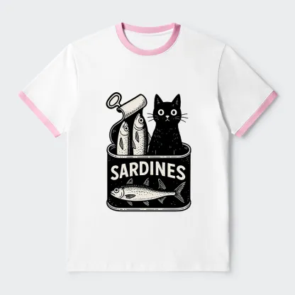 Tokyo-Tiger Cat And Canned Fish Contrast Trim T-Shirt