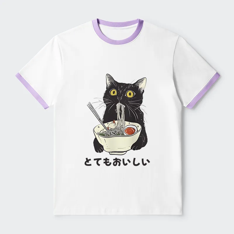 Tokyo-Tiger Cats Eat Ramen Noodles Contrast Trim T-Shirt