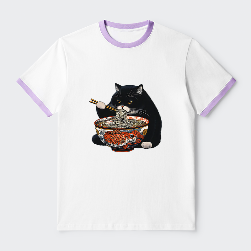 Tokyo-Tiger Fat Cat Eating Ramen Contrast Trim T-Shirt