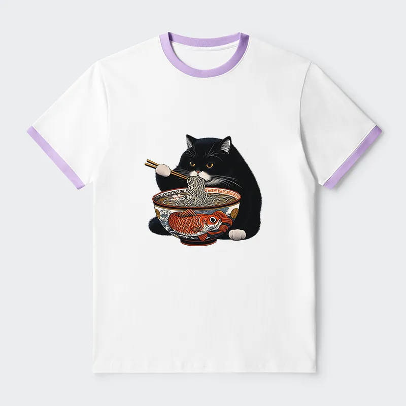Tokyo-Tiger Fat Cat Eating Ramen Contrast Trim T-Shirt