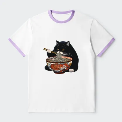 Tokyo-Tiger Fat Cat Eating Ramen Contrast Trim T-Shirt