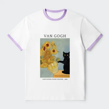 Tokyo-Tiger Black Cat With Sunflowers Contrast Trim T-Shirt