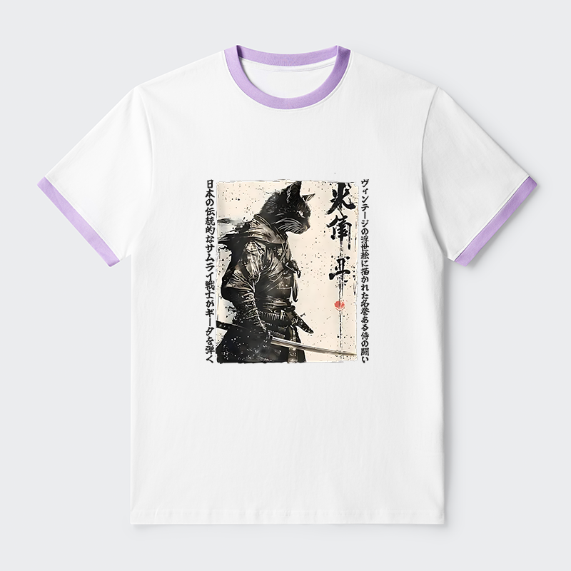 Tokyo-Tiger Cat Samurai Retro Contrast Trim T-Shirt