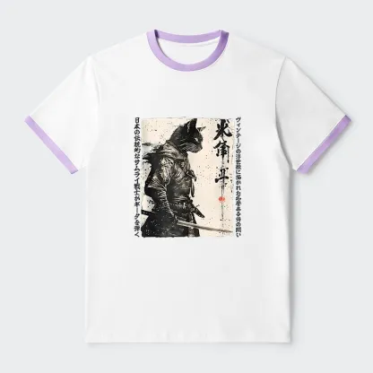 Tokyo-Tiger Cat Samurai Retro Contrast Trim T-Shirt