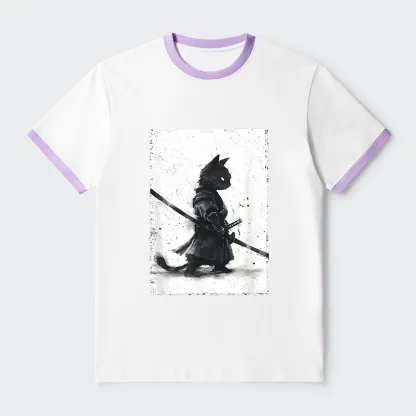 Tokyo-Tiger Retro Cat Samurai Japanese Contrast Trim T-Shirt