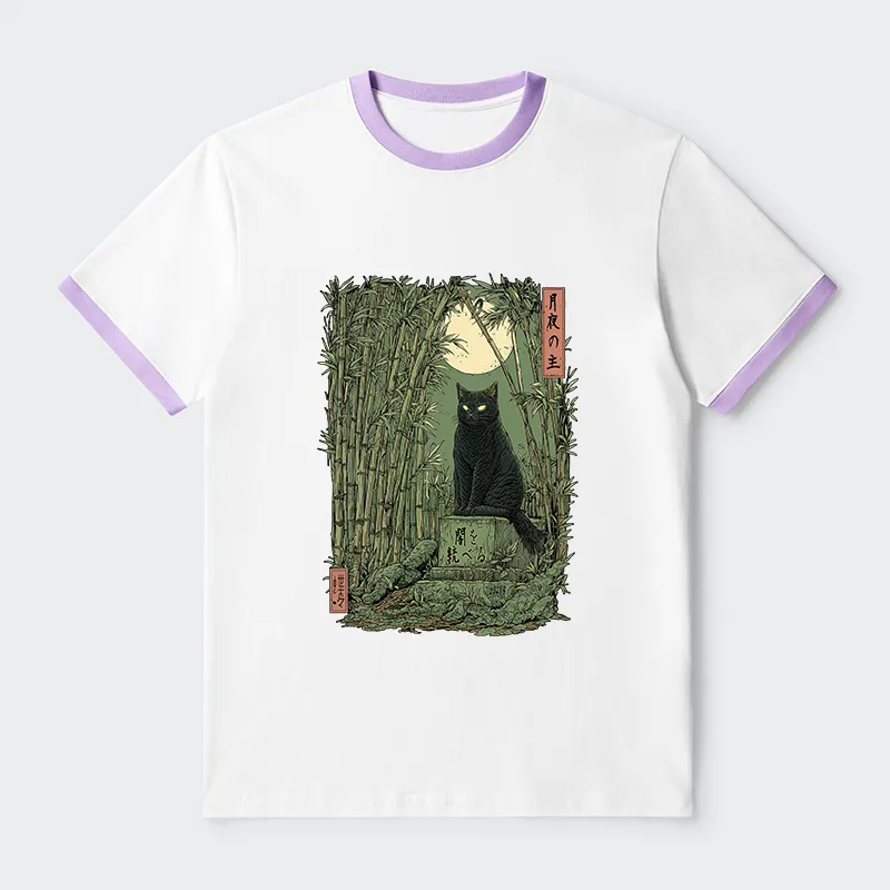 Tokyo-Tiger Black Cat In The Bamboo Forest Contrast Trim T-Shirt