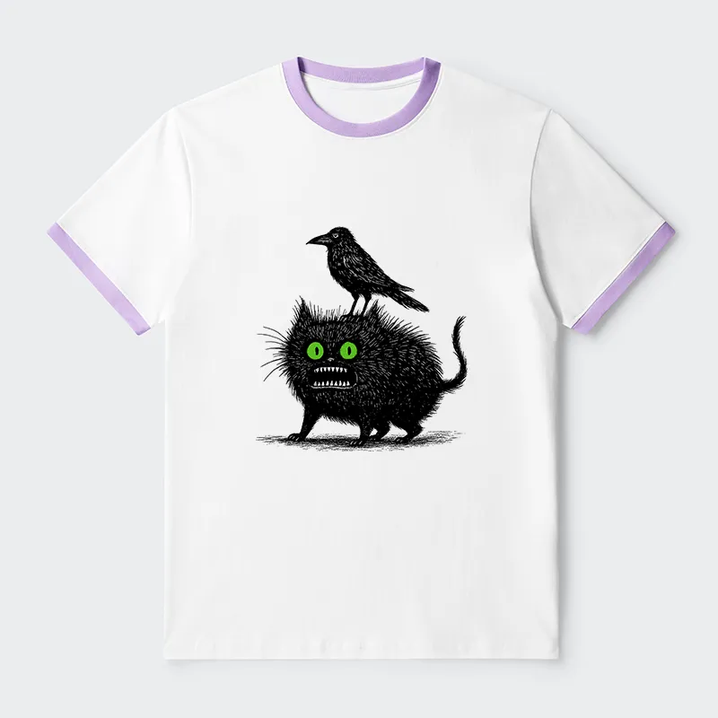 Tokyo-Tiger Crow And Black Cat Contrast Trim T-Shirt