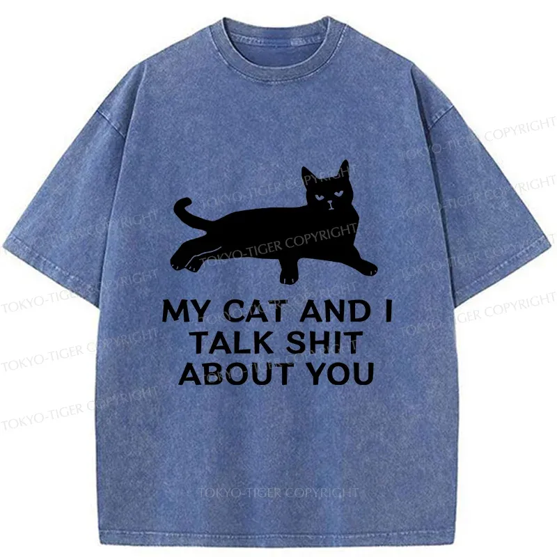 Tokyo-Tiger Gossiping Black Cat Washed T-Shirt