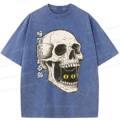 Tokyo-Tiger Cat Hiding In The Skull Washed T-Shirt