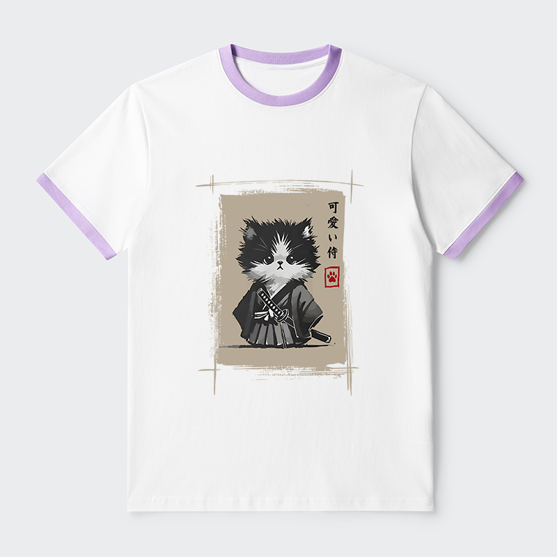 Tokyo-Tiger Kitten Samurai Contrast Trim T-Shirt