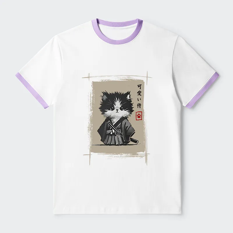 Tokyo-Tiger Kitten Samurai Contrast Trim T-Shirt