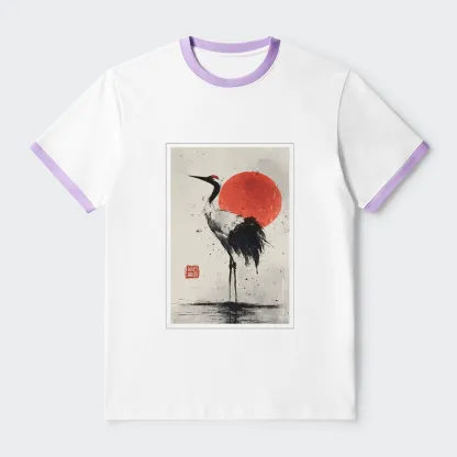 Tokyo-Tiger Retro Japanese Red-crowned Crane Contrast Trim T-Shirt