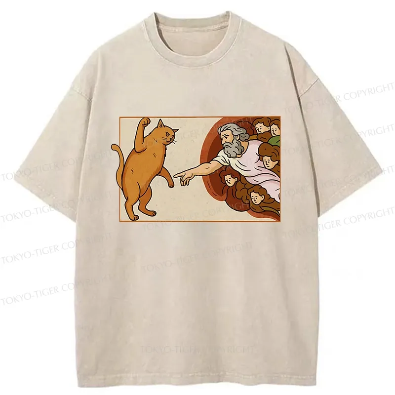 Tokyo-Tiger Naughty Cat Funny Washed T-Shirt