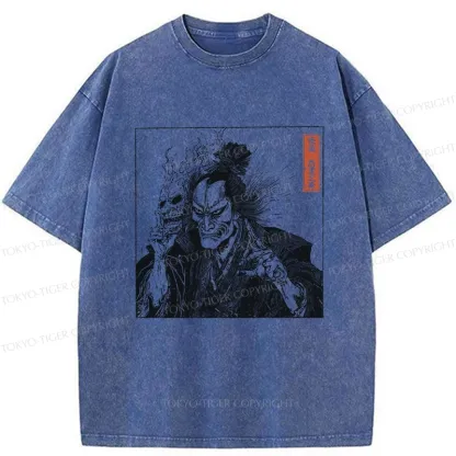 Tokyo-Tiger Samurai Taking Off His Demon Mask Washed T-Shirt