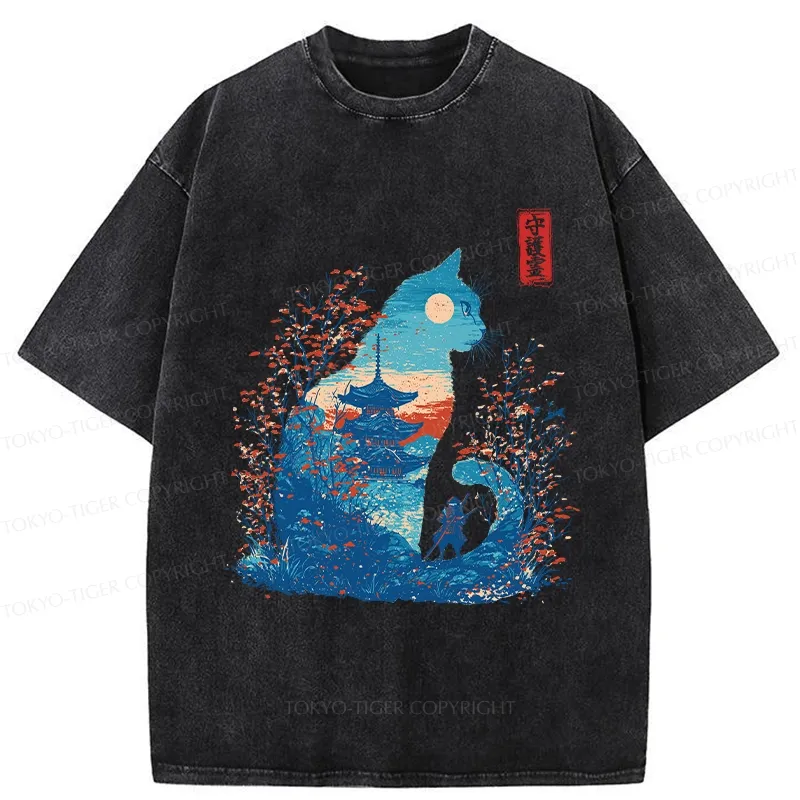 Tokyo-Tiger Cat Guardian Silhouette Washed T-Shirt