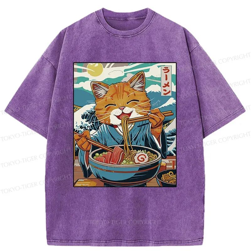 Tokyo-Tiger Orange Cat Eating Ramen Washed T-Shirt
