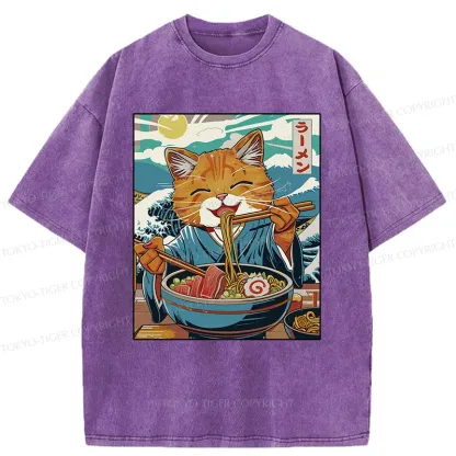 Tokyo-Tiger Orange Cat Eating Ramen Washed T-Shirt