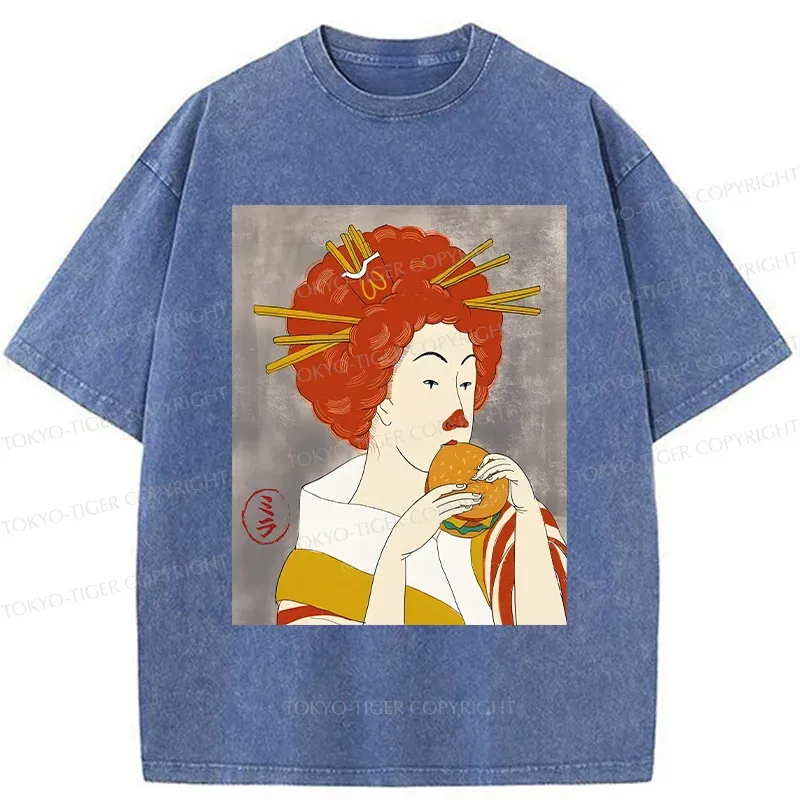 Tokyo-Tiger Japanese Eating Hamburger Washed T-Shirt