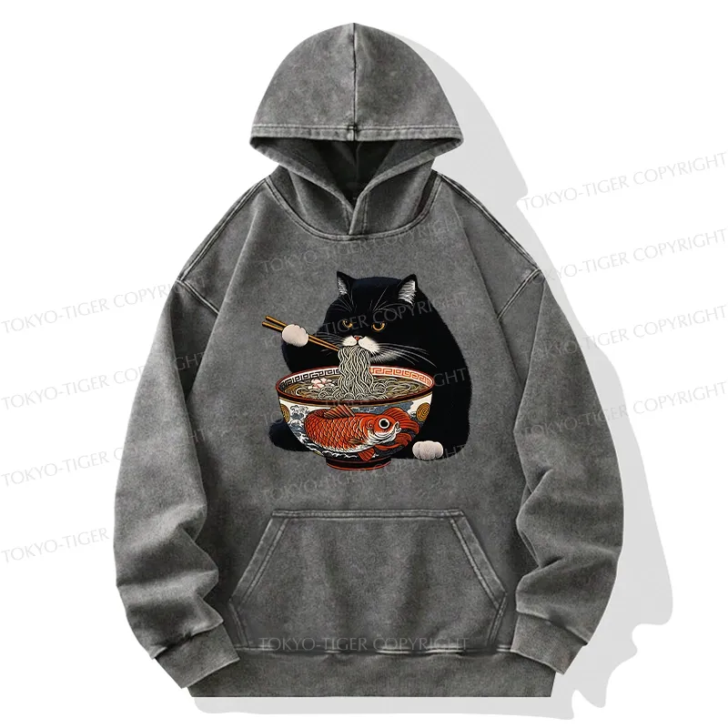 Tokyo-Tiger Fat Cat Eating Ramen Washed Hoodie