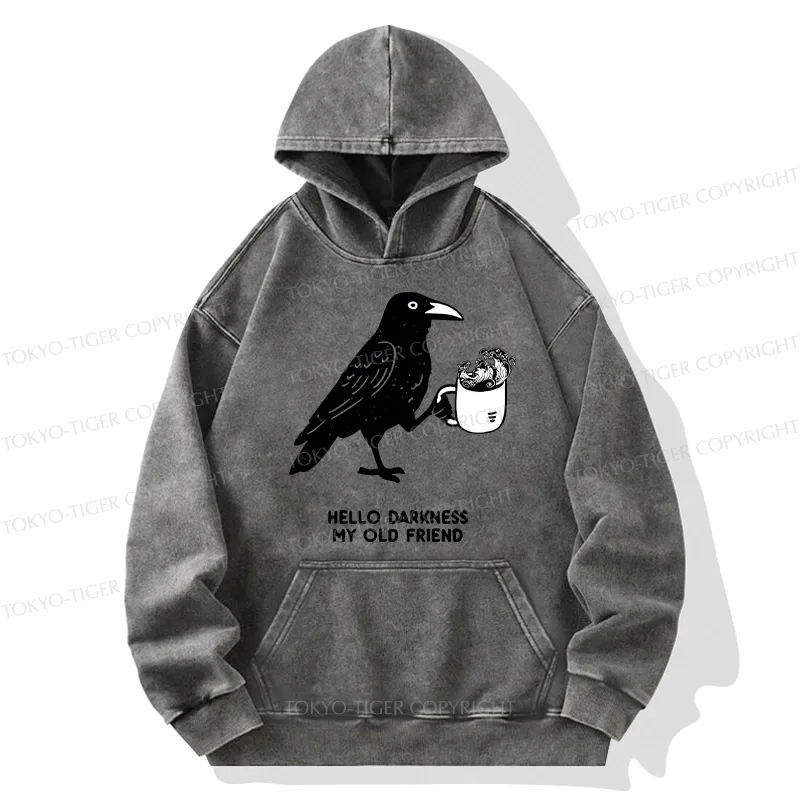 Tokyo-Tiger Crow Drinking Black Coffee Funny Washed Hoodie