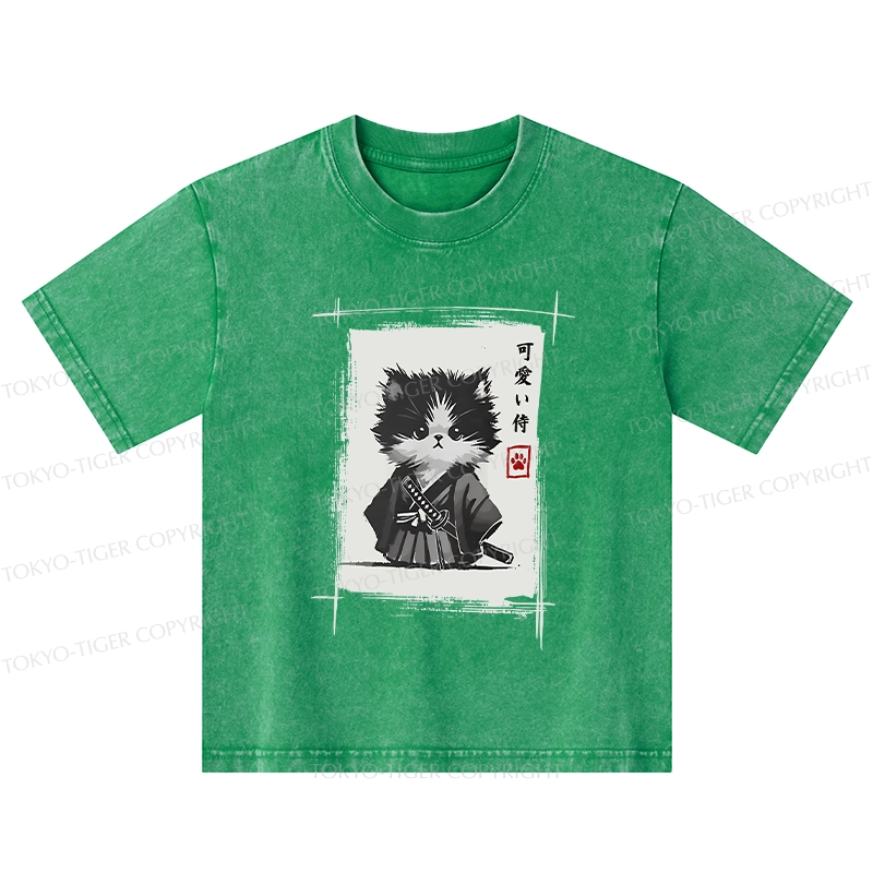 Tokyo-Tiger Kitten Samurai Kids Washed T-Shirt