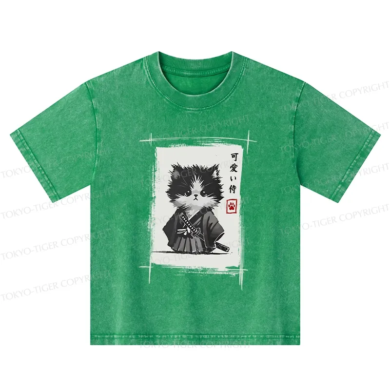 Tokyo-Tiger Kitten Samurai Kids Washed T-Shirt