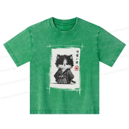 Tokyo-Tiger Kitten Samurai Kids Washed T-Shirt