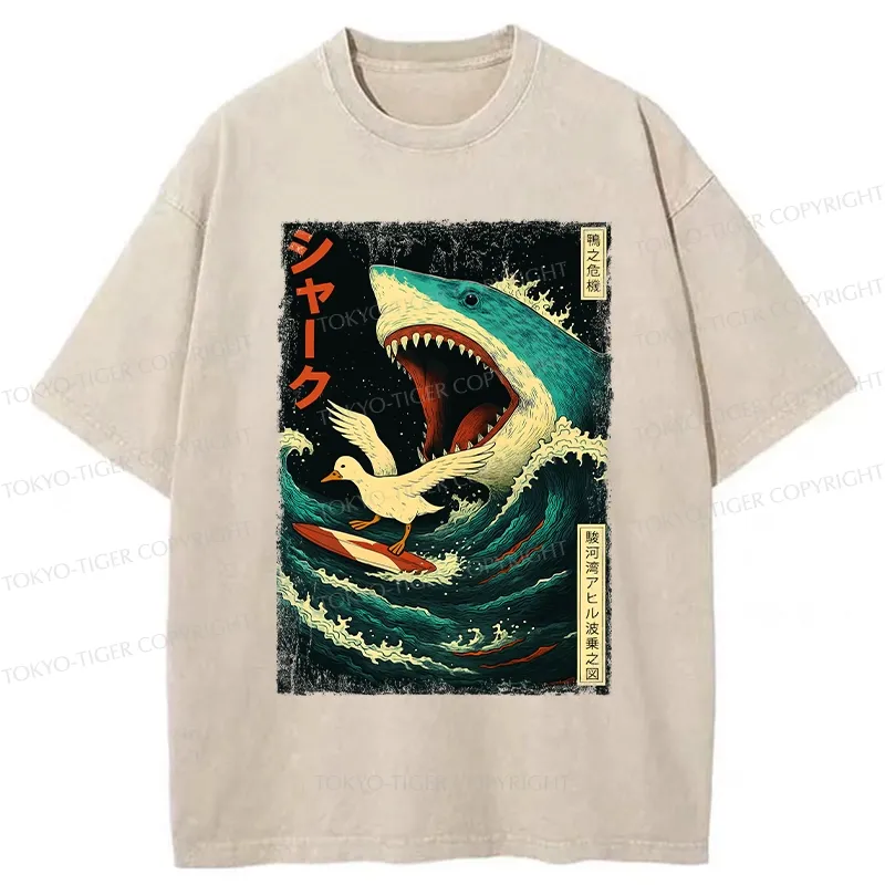 Tokyo-Tiger Duck Riding The Waves Washed T-Shirt