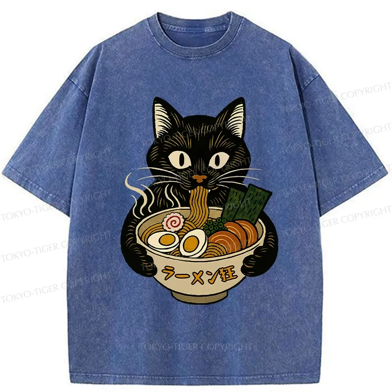 Tokyo-Tiger Ramen Fanatic Cat Washed T-Shirt