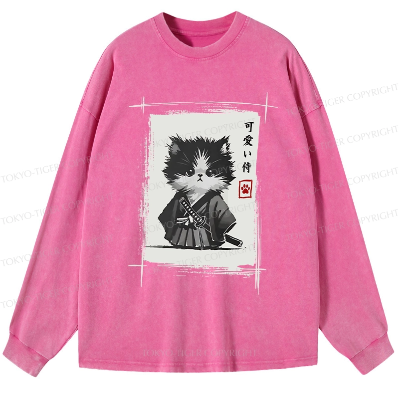 Tokyo-Tiger Kitten Samurai Washed Long Sleeve T-Shirt