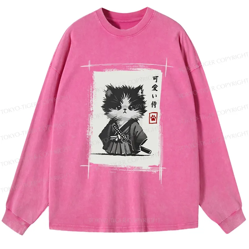 Tokyo-Tiger Kitten Samurai Washed Long Sleeve T-Shirt