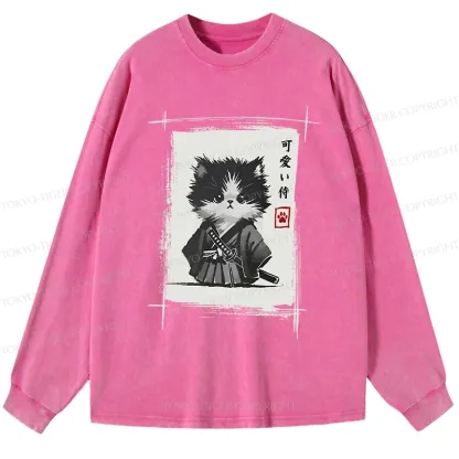 Tokyo-Tiger Kitten Samurai Washed Long Sleeve T-Shirt