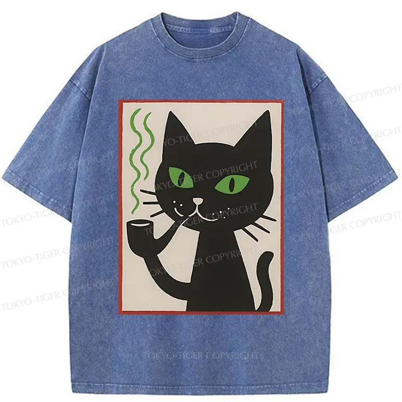 Tokyo-Tiger Black Cat Smoking Washed T-Shirt