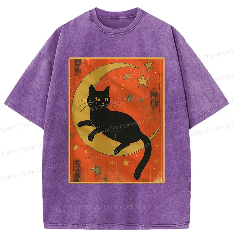 Tokyo-Tiger Black Cat On The Moon Washed T-Shirt
