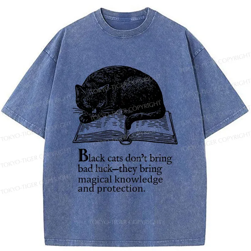 Tokyo-Tiger Black Cat Sleeping On A Book Washed T-Shirt