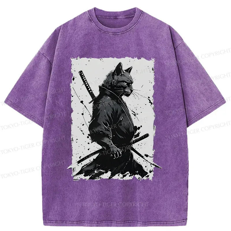 Tokyo-Tiger Handsome Samurai Cat Washed T-Shirt