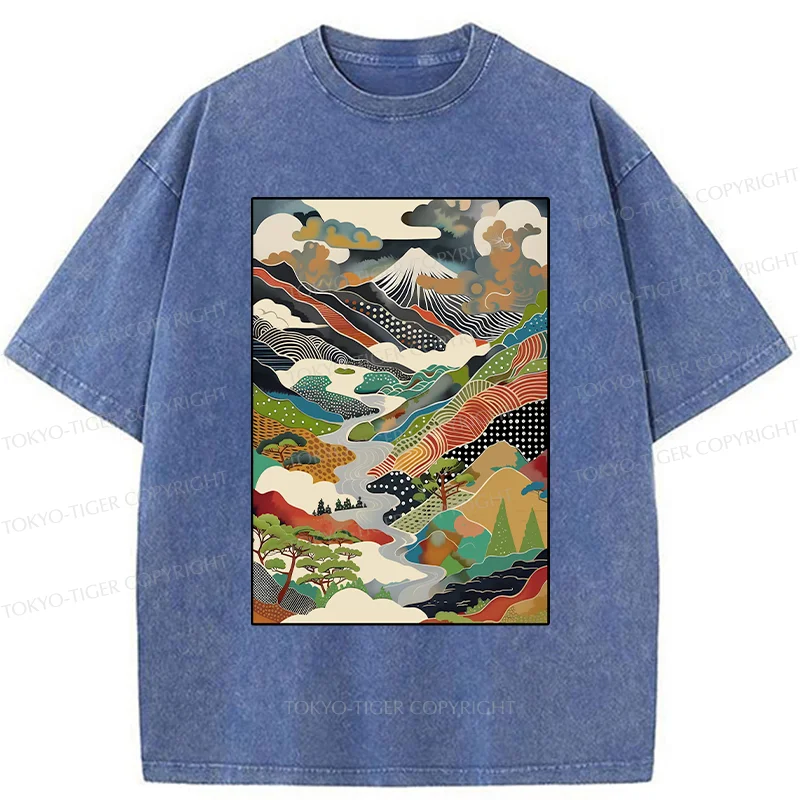 Tokyo-Tiger Japanese Mountain Scenery Washed T-Shirt