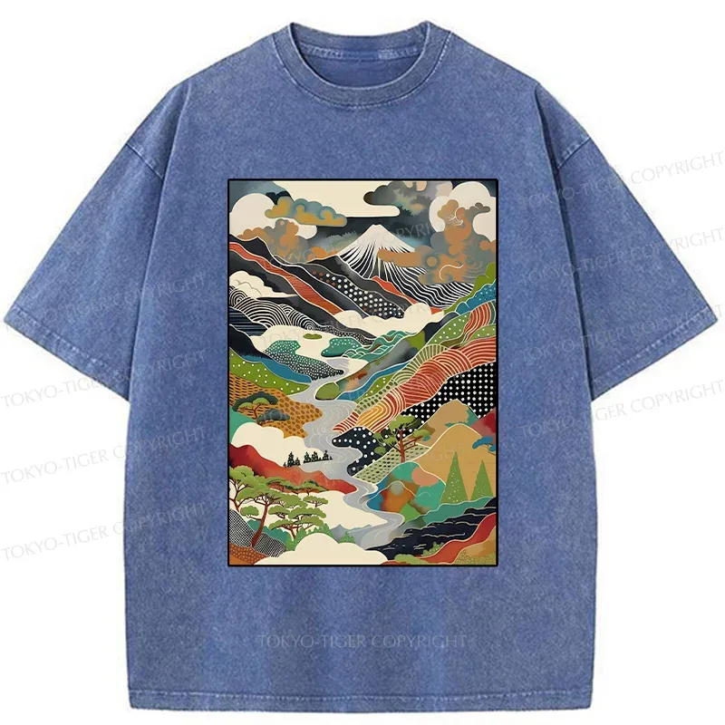 Tokyo-Tiger Japanese Mountain Scenery Washed T-Shirt
