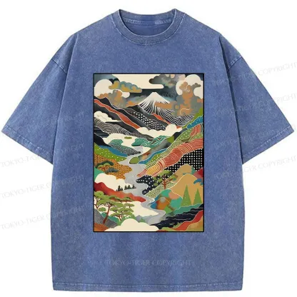 Tokyo-Tiger Japanese Mountain Scenery Washed T-Shirt