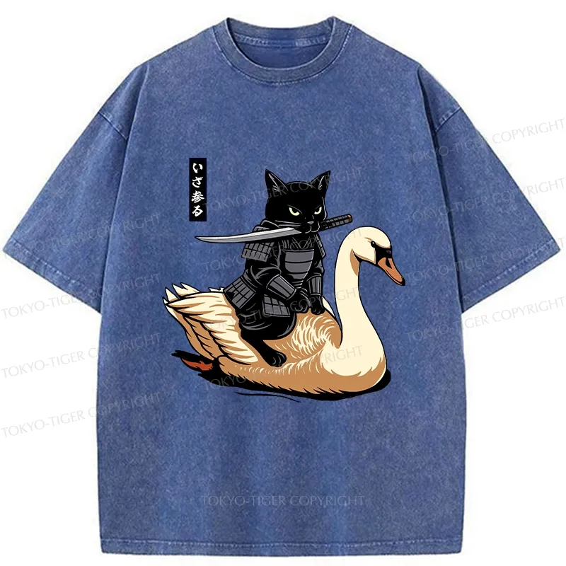 Tokyo-Tiger Black Cat Samurai Riding A Goose Washed T-Shirt