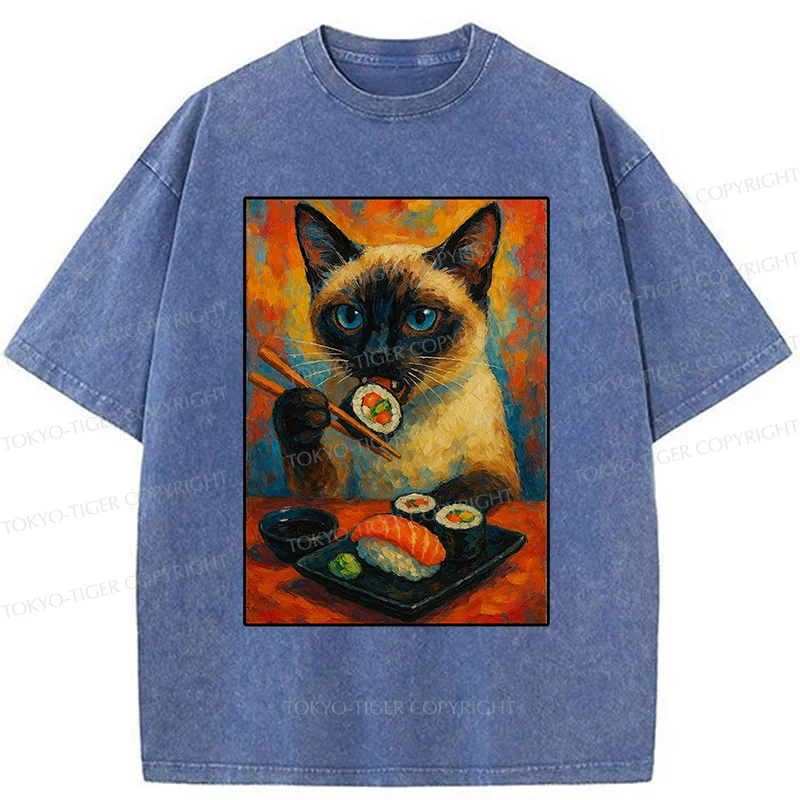 Tokyo-Tiger Siamese Cat Eating Sushi Washed T-Shirt