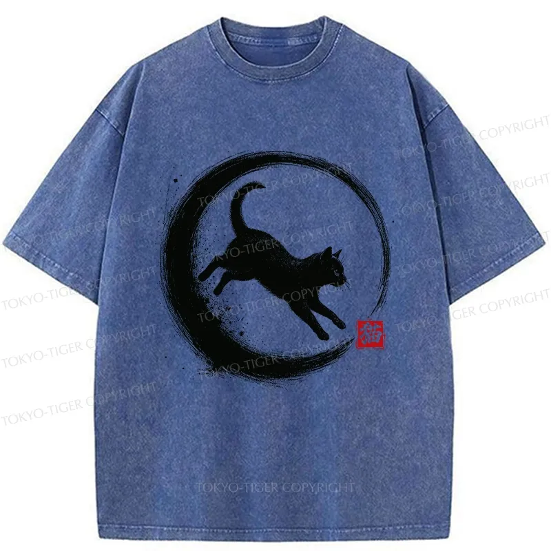 Tokyo-Tiger Retro Cat Enso Japanese Washed T-Shirt