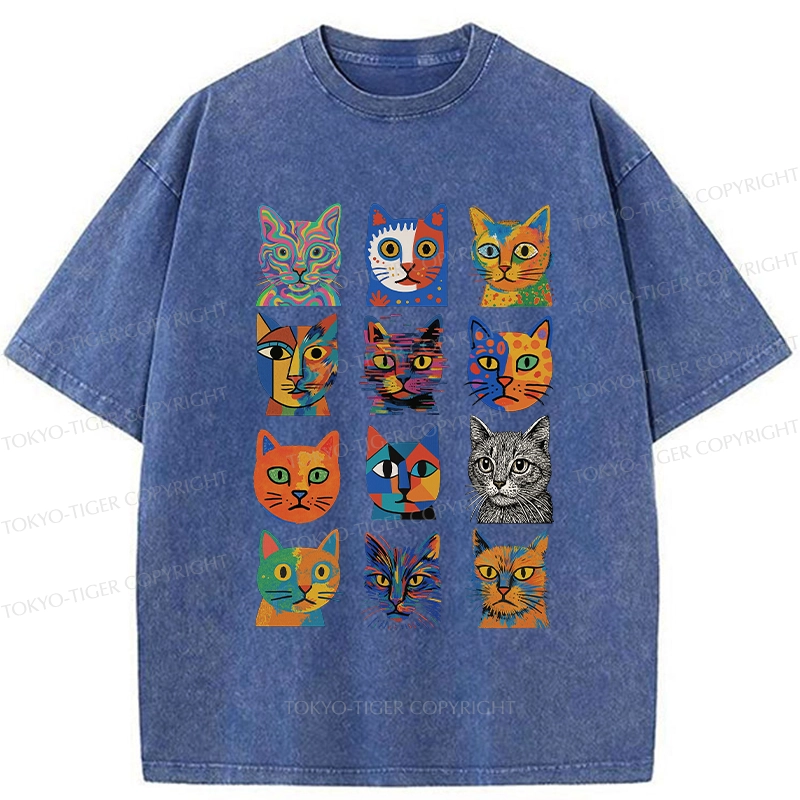 Tokyo-Tiger Abstract Cats Collection Washed T-Shirt