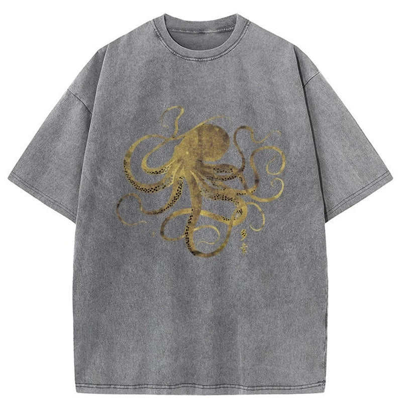 Tokyo-Tiger Octopus Japanese Gold Print Tattoo Washed T-Shirt