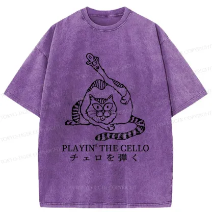 Tokyo-Tiger Cat Playing Cello Washed T-Shirt