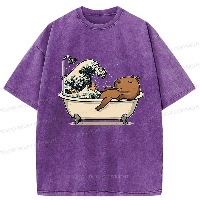 Tokyo-Tiger Funny Capybara Bathing Washed T-Shirt